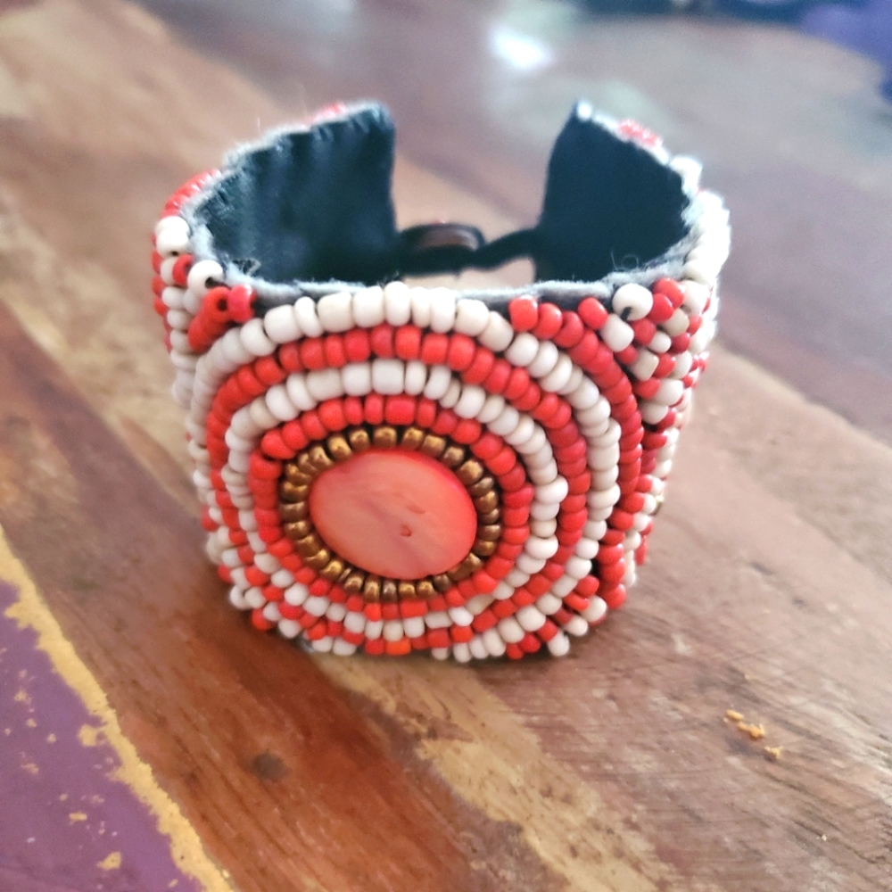 Hand Crafted Cowrie Shell & Sead Beaded Wide Bracelet